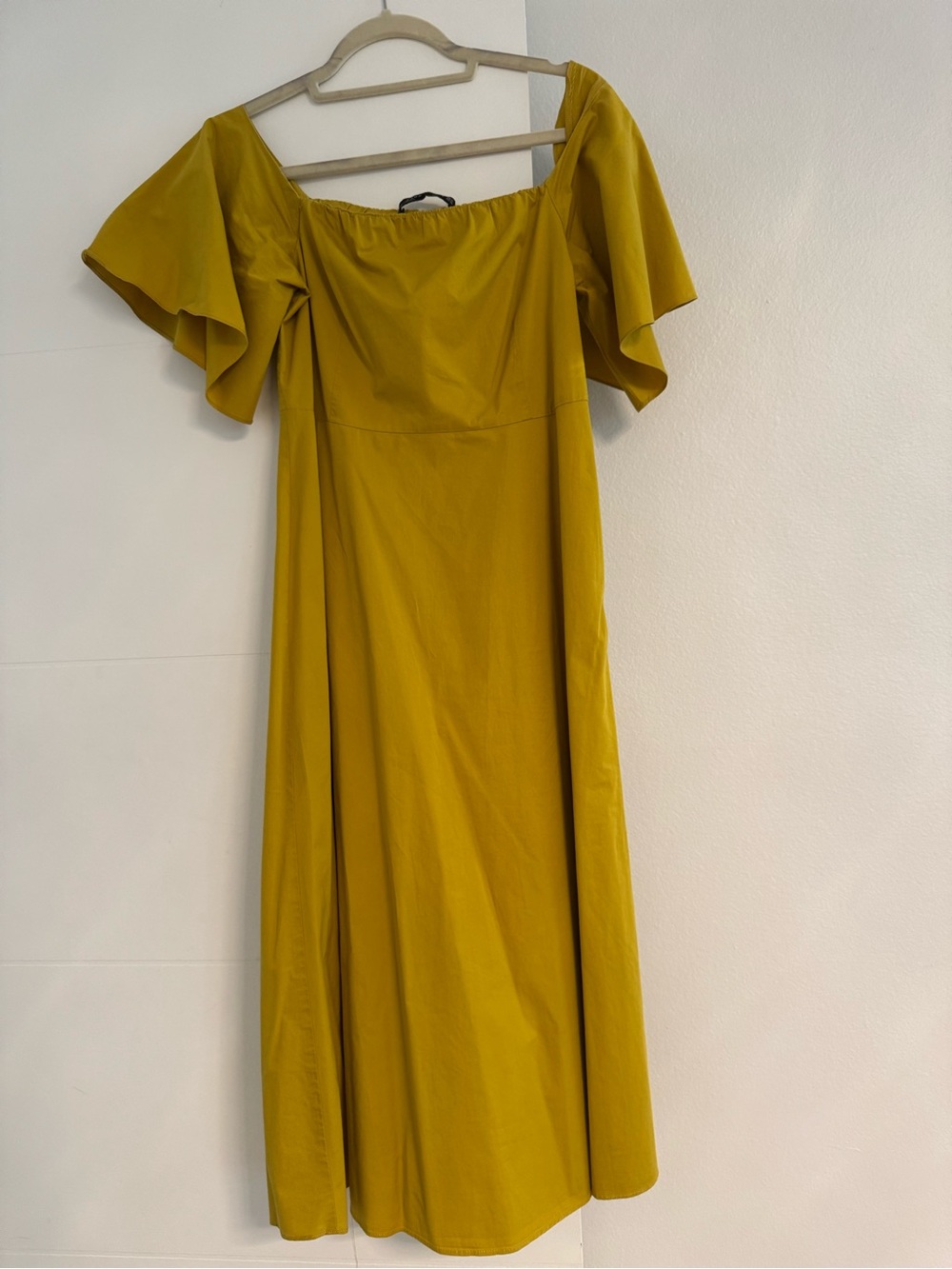 Zara Mustard One-Shoulder Midi Dress with Flutter Sleeve